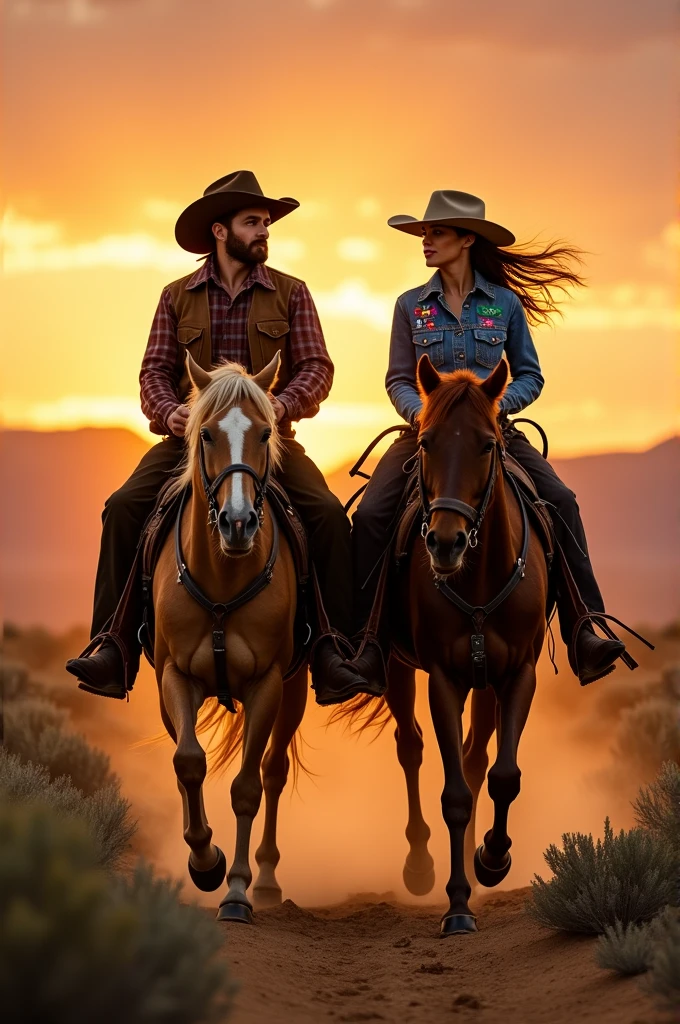 Cowboy and cowgirl on horseback