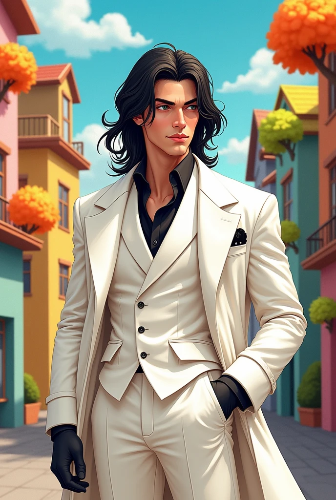 (Toon style image) Create a young man with long dark hair, wearing a white suit, white trench coat , white shawl and black gloves.