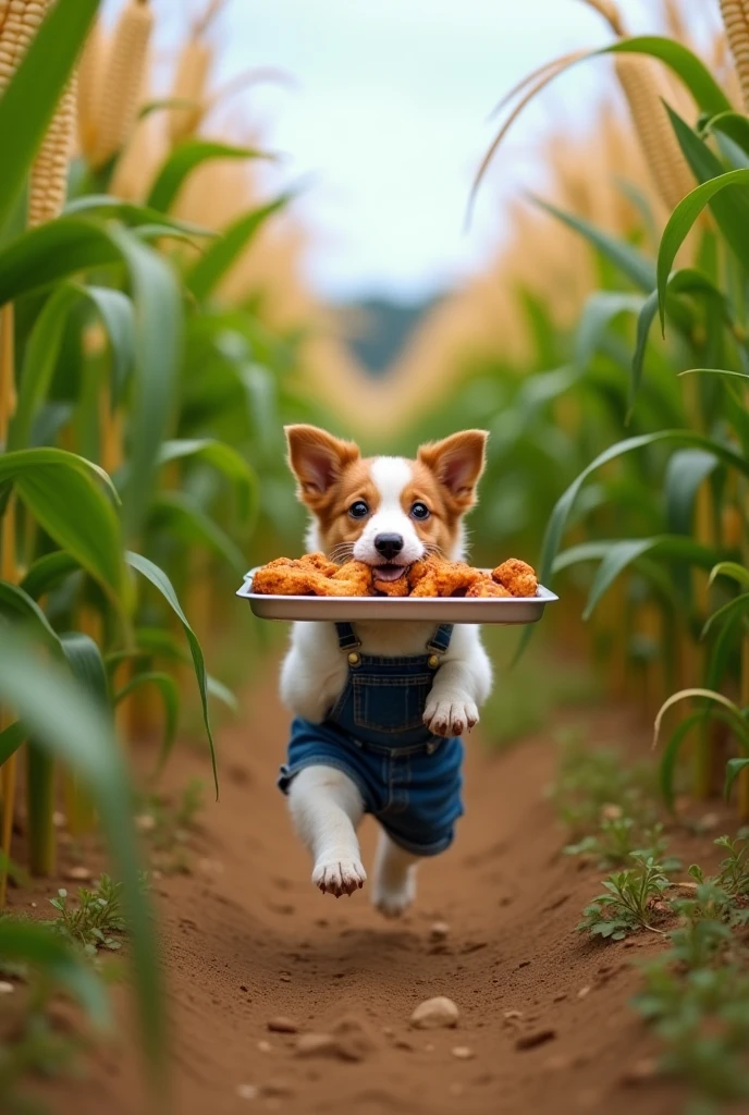 {
  "prompt": "1. A brown and white puppy in denim overalls is running through a bustling cornfield while holding a tray of grilled chicken. 2. Several vendors, looking angry and determined, are chasing the puppy. 3. The scene is filled with tall corn stalks and dense greenery. 4. Wind and motion blur effects emphasize the high-speed chase. 5. The vendors are depicted with outstretched arms and frustrated expressions.",
  "aspect_ratio": "9:16"
}
```​⬤