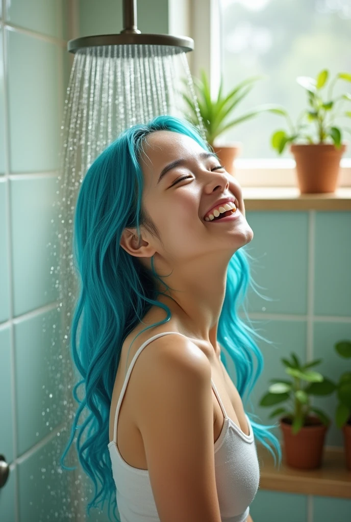 Beautiful 16years old girl, Smiling, with blue hair taking a shower, high quality, full body