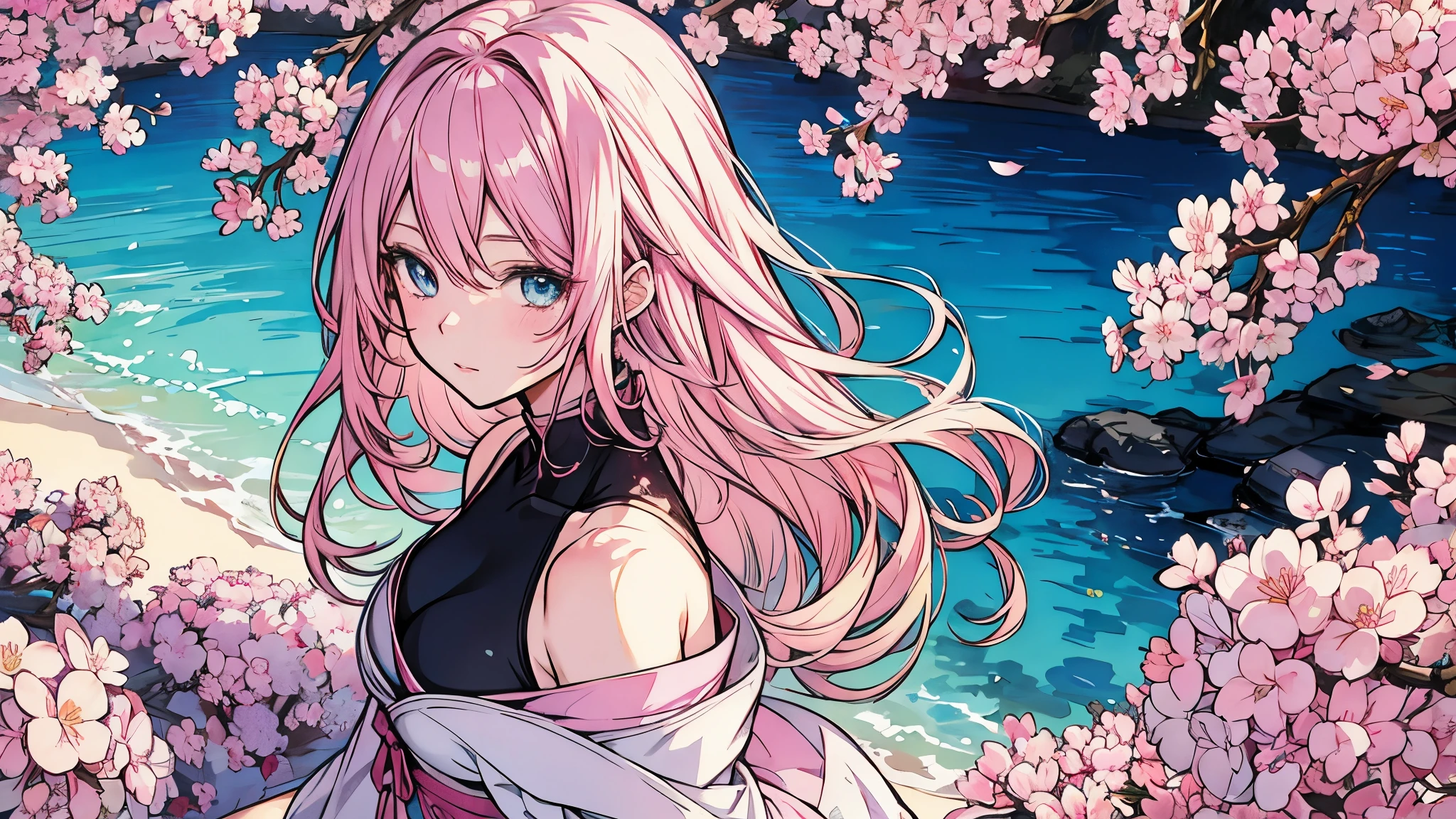 Detailed anime style, Beautiful and stunning artwork, Bright shadows, strong colors, Pastel cotton candy, a beautiful woman, pink hair, blue eyes, Beautiful scenery, Cherry blossom leaves, Linear and detailed illustration