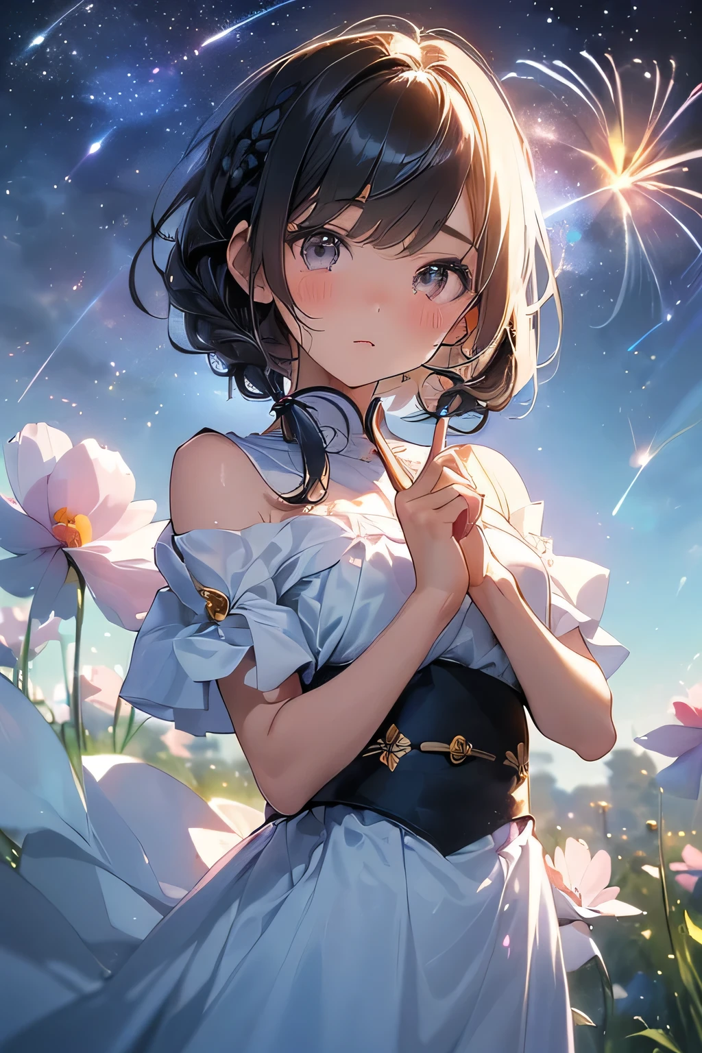 Highest quality、High resolution、Detailed Background、(Beautiful face in every detail:1.4)、Anatomically correct、(Normal number of fingers:1.2)、Highly detailed face、Detailed eyes、Teenage beauty、Perfect body line、Braided bob cut、ponytail、Cute hairstyle、well-groomed eyebrows、A melancholy atmosphere、Show the whole body、(A girl wearing a pink dress standing in a field of purple and white cosmos flowers:1.5)、Tears shine in the girl's eyes and her gentle expression is distorted.、Elegant cosmos flowers々It seems as if the girl's sadness is being gently embraced.、A quiet breeze sways the petals and gently strokes the girl's hair、Cosmos flower々It's as if the author is empathizing with the girl's sadness.、very beautiful