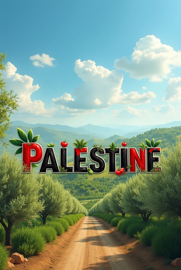 An image of the word PALESTINE in red colors, white, black and green representing olive trees, tomato, watermelons and joy