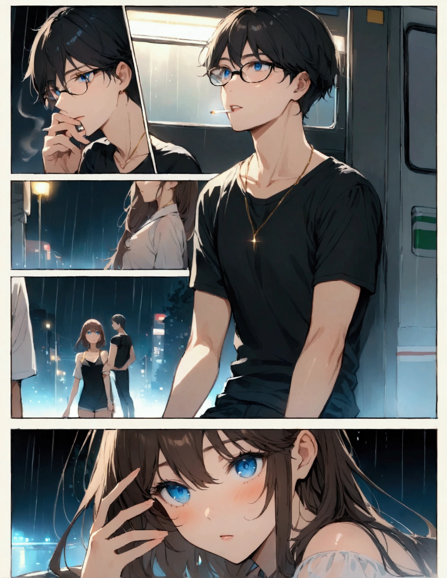 Black Hair Girl, blue eyes, In pure white, Wearing a long black T-shirt, A small, delicate gold necklace with short shorts underneath, Medium, In other words、, Not so thin. other than that, Young boy, expensive, Brown Hair, Wearing glasses, Offering someone a cigarette while smoking, on the road, In the back of an ambulance at night, Let it rain