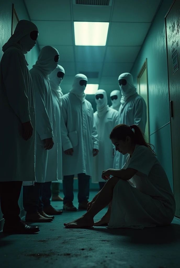 woman with doctor uniform siting backside scared laying on ground injured feeling alone with darkest atmosphere 10 men wearing doctor uniform standing with evil faces with masks