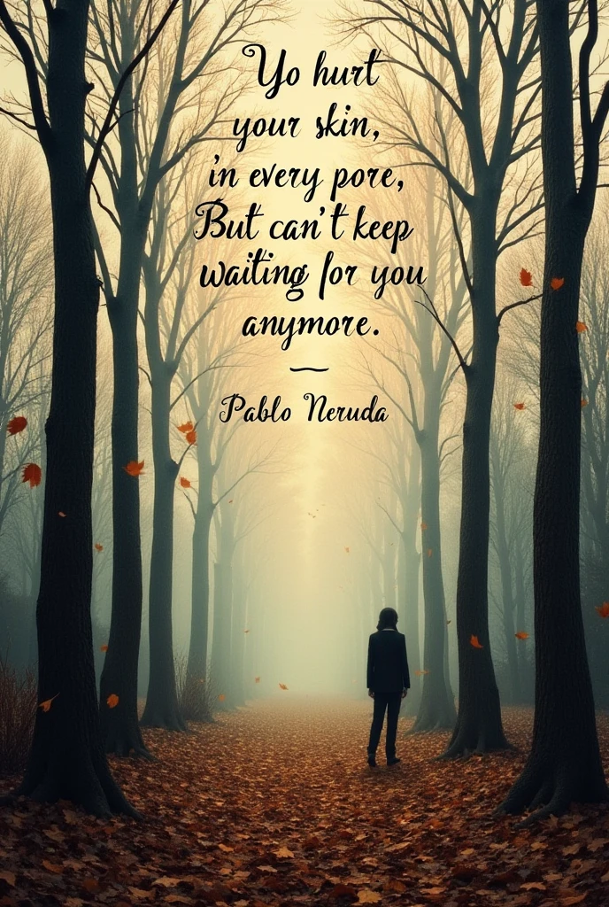 An image with the phrase "You hurt my skin, in every pore, But I can't keep waiting for you anymore" by Pablo Neruda and an image of a landscape of trees with dry leaves