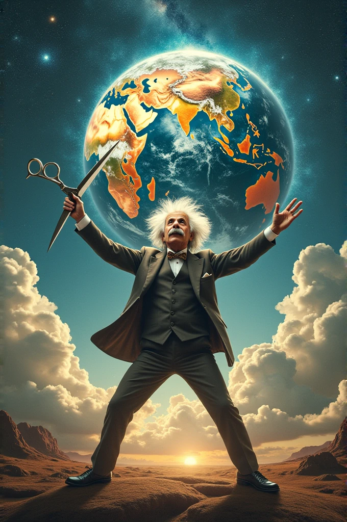 Albert Einstein breaking the flat earth in half