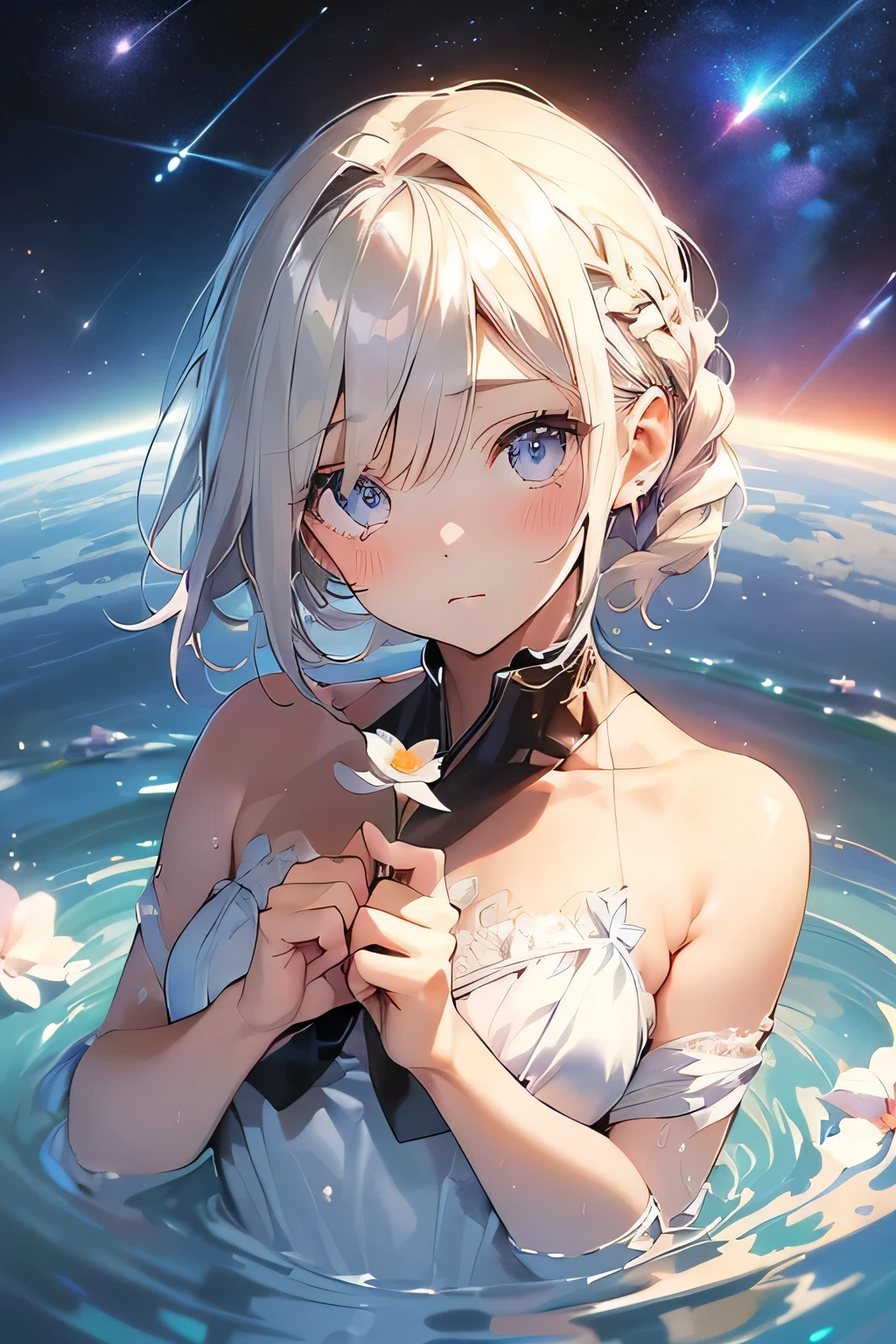 Highest quality、High resolution、Detailed Background、(Beautiful face in every detail:1.4)、Anatomically correct、(Normal number of fingers:1.2)、Highly detailed face、Detailed eyes、Teenage beauty、Perfect body line、Braided bob cut、ponytail、Cute hairstyle、well-groomed eyebrows、A melancholy atmosphere、Show the whole body、(A girl wearing a pink dress standing in a field of purple and white cosmos flowers:1.5)、Tears shine in the girl&#39;s eyes and her gentle expression is distorted.、Elegant cosmos flowers々It seems as if the girl&#39;s sadness is being gently embraced.、A quiet breeze sways the petals and gently strokes the girl&#39;s hair、Cosmos flower々It&#39;s as if the author is empathizing with the girl&#39;s sadness.、very beautiful