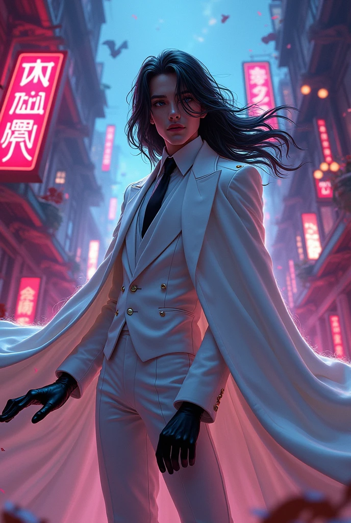 (Hazbin hotel style image) Create a young man with long dark hair, wearing a white suit, white ulster coat , white shawl and black gloves.