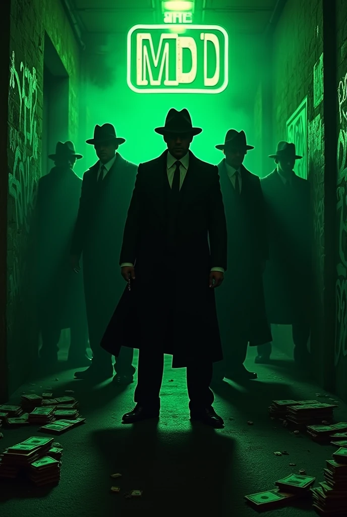 Create a written logo "tele MD , always with the best products, from Sunday to Sunday , green top 50,00 , Px top 50,00" with mobsters and drugs in the background
