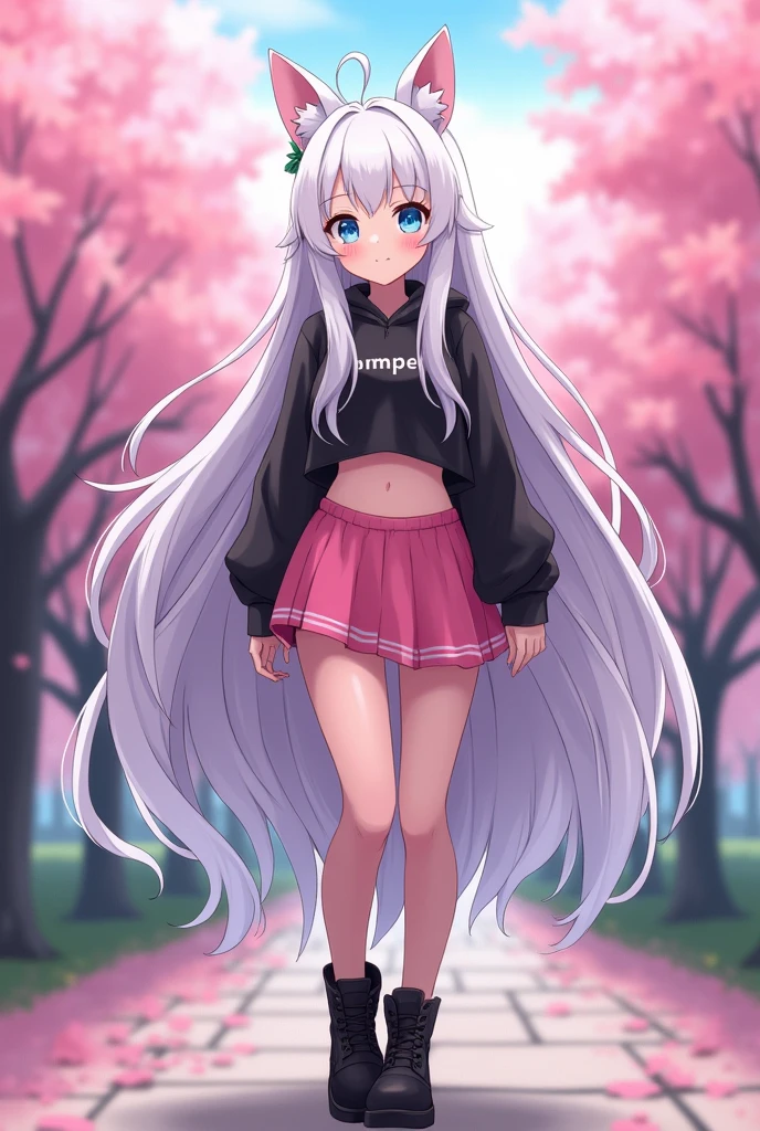 sexy, single girl, adult, anime, long white hair, wolf ears, wolf tail, blue eyes, with cute pink skirt, thigh high socks, Black combat boots, Only a woman ((big chest)), Wide hips, thick thighs ((big thighs)), happy, yoga leggings, wearing cropped black hoodie, alone, alone