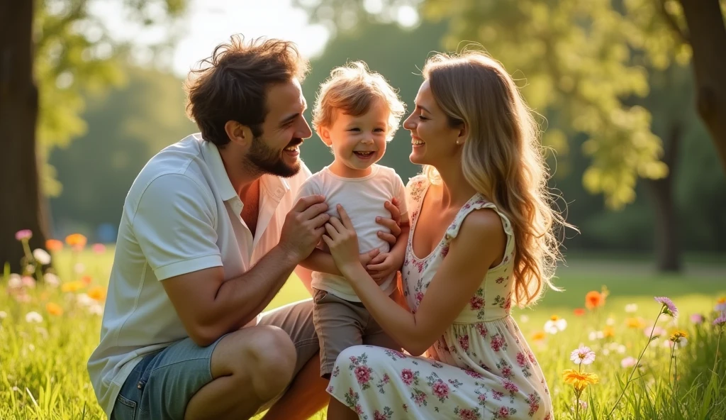 Un jeune enfant garcon au milieu de ses parents