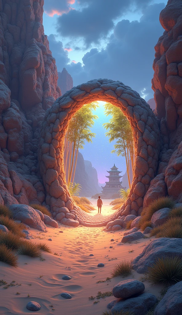 realistic, drkfntasy, a magical portal through which you can see another world with a bamboo forest and a magical temple inside, glowing magical light inside the world, a portal shimmering with various colours, a desert and rocky landscape around the portal,