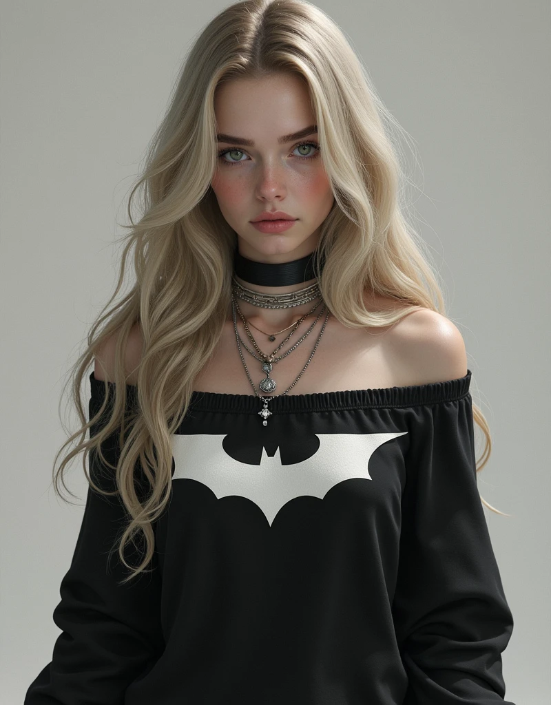 1 girl in, 20 years, standing alone, long hair, Colossal , looking forward at the viewer, blonde hair, blonde hair, bare shoulders, green eyes, Jewelry, whole body, NECKLACE, off the shoulders, Sweaters, realistic, sexual, big tits,batgirl superheroes full outfit, Black and white