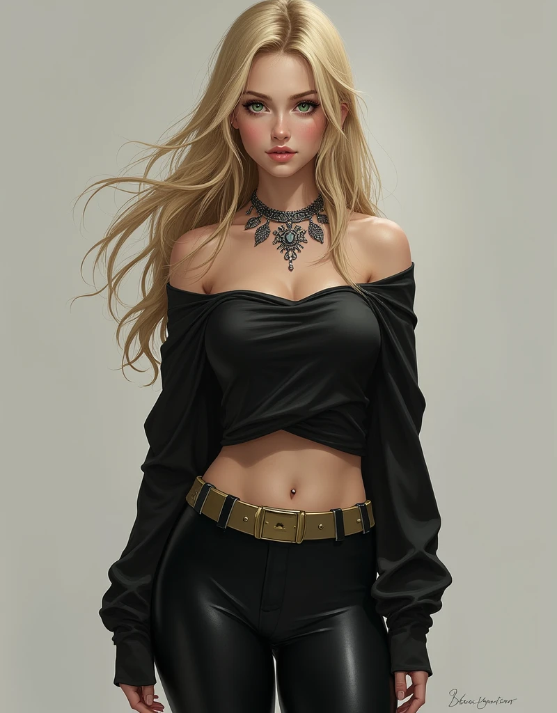 1 girl in, 20 years, standing alone, long hair, Colossal , looking forward at the viewer, blonde hair, blonde hair, bare shoulders, green eyes, Jewelry, whole body, NECKLACE, off the shoulders, Sweaters, realistic, sexual, big tits,batgirl superheroes full outfit, Black and white