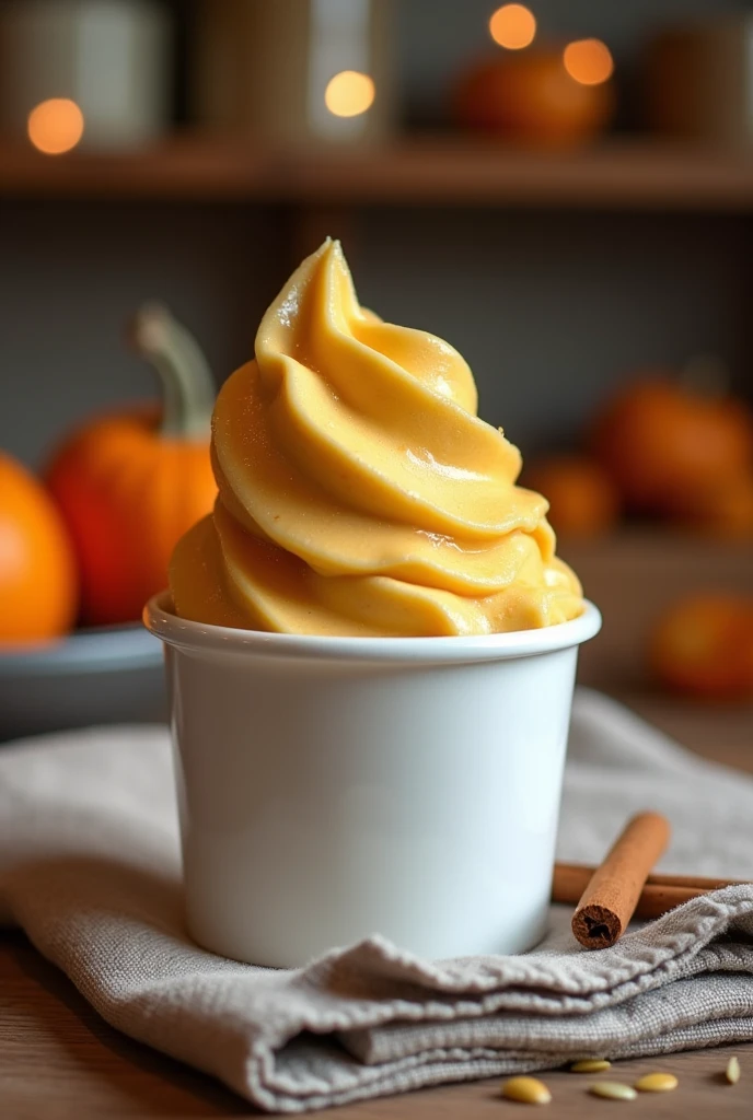 A Creamy Squash Flavored Ice cream wrap in a small white container 