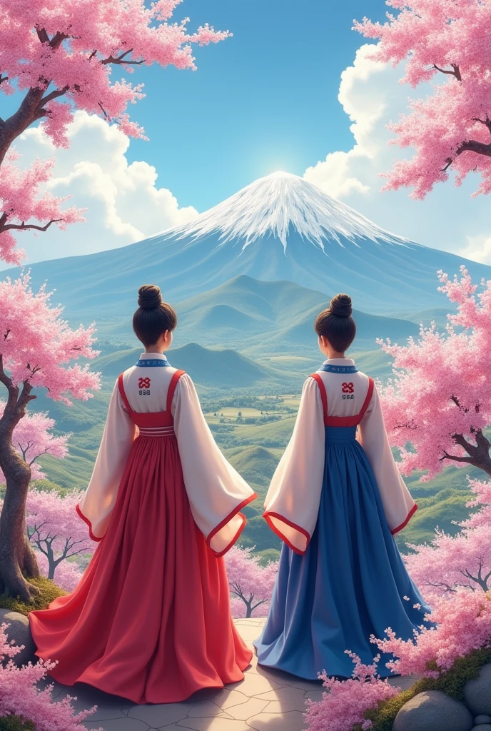 Korean peninsula elements need to have Korean style. Can the characters be bigger??The background image is very good. The characters should be facing away from us.