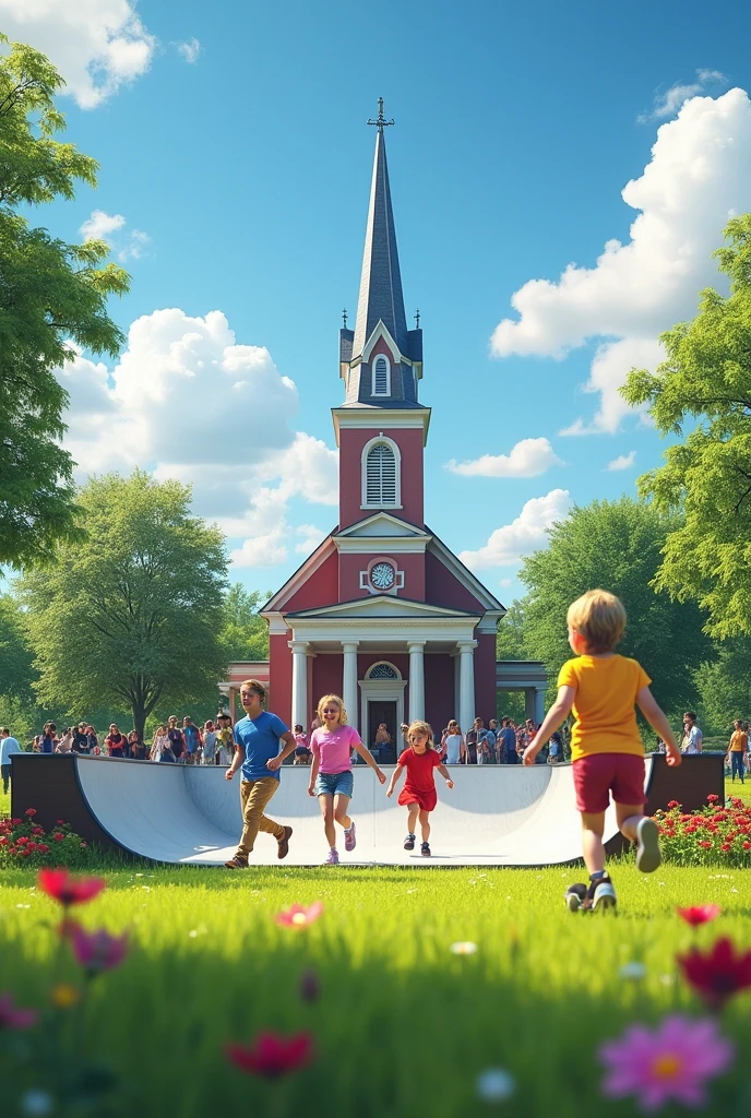 Realistic church background, with a park, Happy people, playing and boys skating on a skate ramp