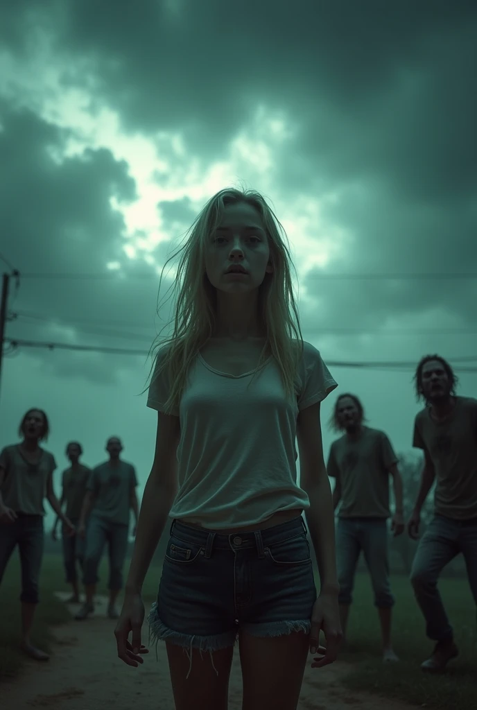 In the background, shows a dramatic sky. Spotlight, Place a cute blonde student girl, located in mexico.  Behind them, depicts a group of zombies advancing towards the scene, with a scary and detailed style. Make sure the atmosphere is tense and apocalyptic, with a dark and contrasting color palette to emphasize the danger and urgency of the environment