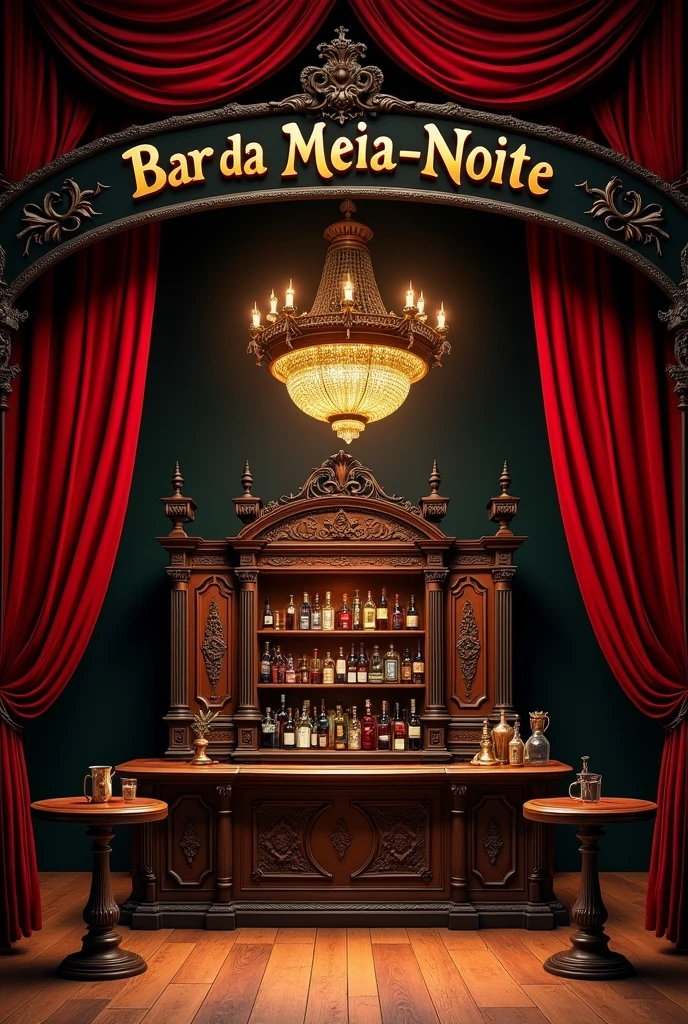 Inside the grand theater stage A rustic Victorian-era bar with antique red and black accents, the counter located in the middle, a large antique sideboard from the Victorian era and the name "midnight bar" in brazilian portuguese. two tables, left and right. An imperial chandelier in the center.
