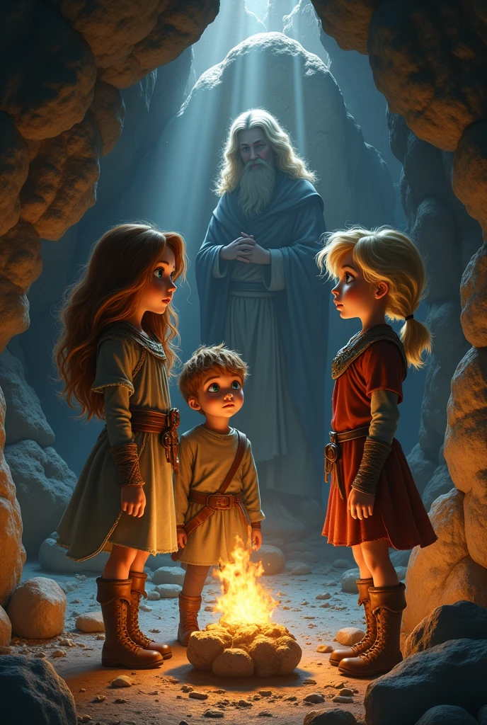 Two girls and a boy with a fire stick in a cave protected by a saint