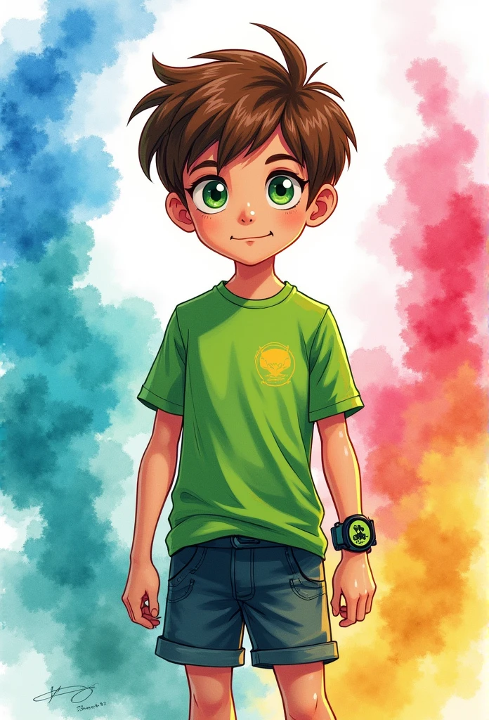 ben10 11 yars old, watercolor, colorfull, smoke, high definition,