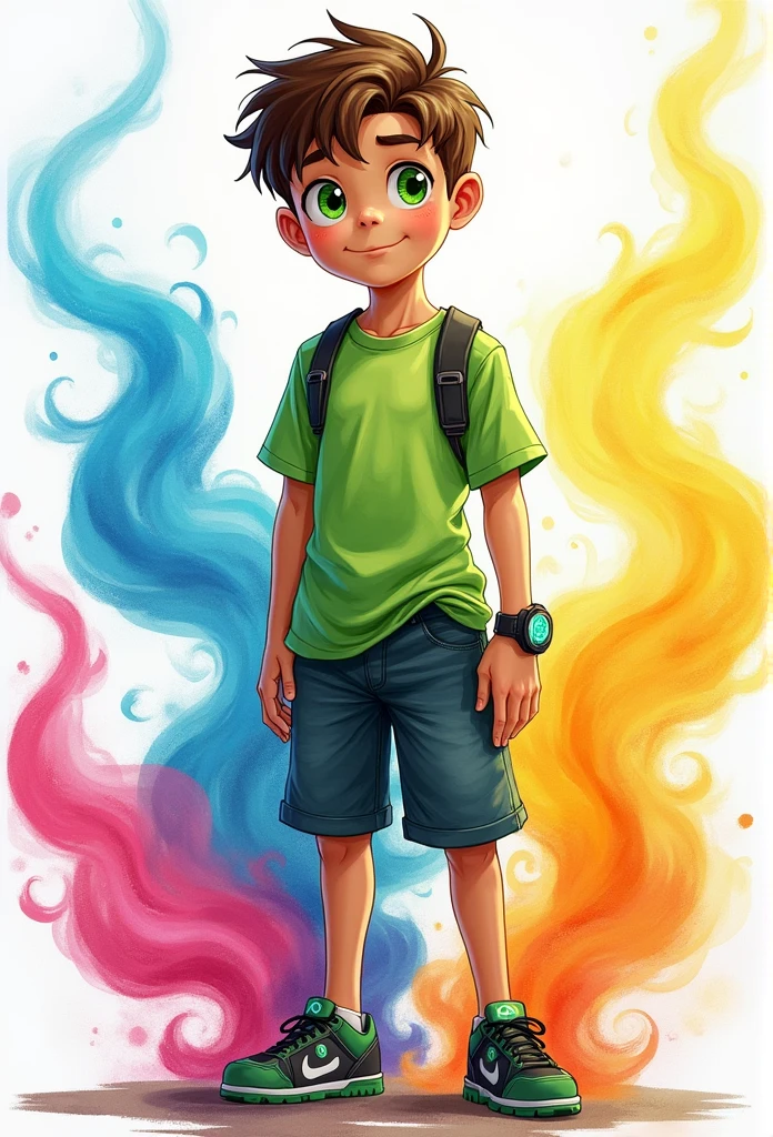 ben10 11 yars old, watercolor, colorfull, smoke, high definition,