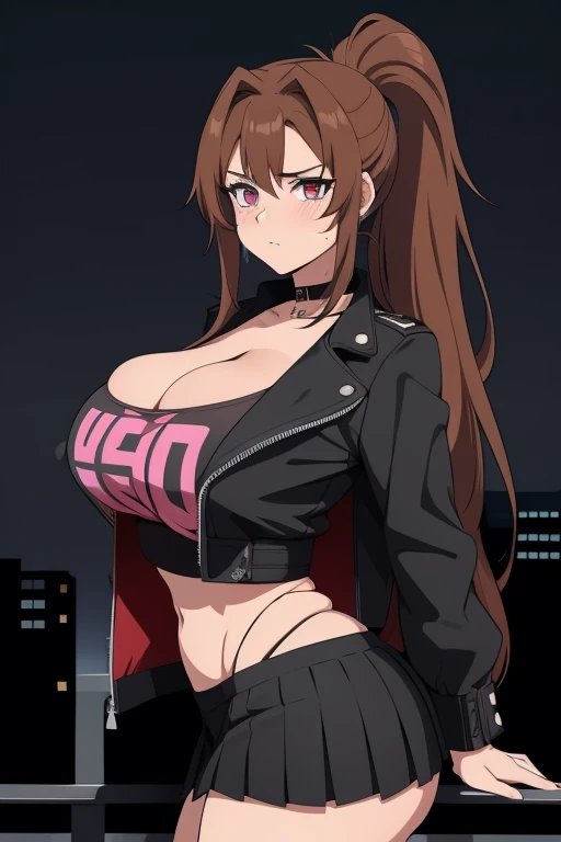 20 year old woman, busty, bubble butt, hourglass figure, skinny, blushing, panicked expression, horny, seductive, brown hair, long hair, plaited hair, bangs, ponytail hair, wearing wearing black cropped jacket, black tshirt, black pleated skirt, choker, sneakers, tight fitting clothing, cleavage, anime, city at night, outside, punk, punk style, punk hair, doujin style, manga, flat colours, 2d manga, aerith gainsborough, aerith FF7, goth, breast focus
