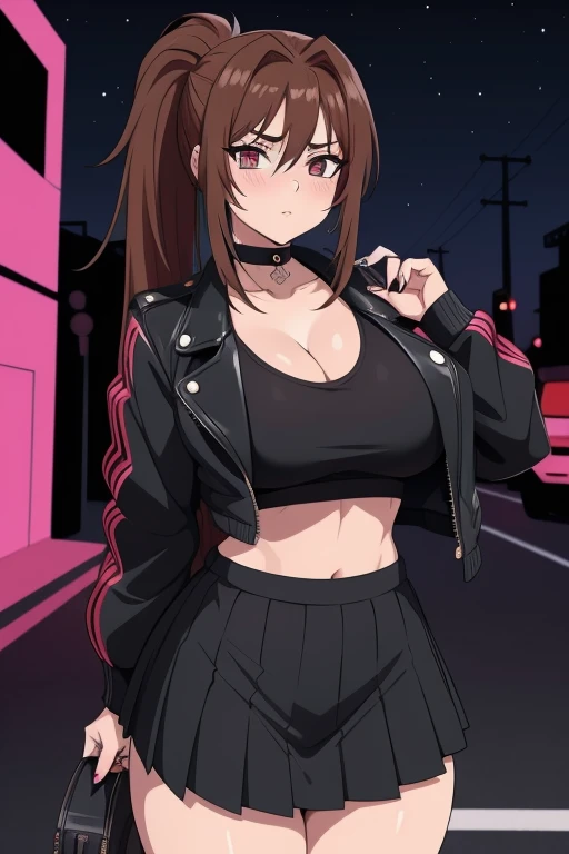 20 year old woman, busty, bubble butt, hourglass figure, skinny, blushing, panicked expression, horny, seductive, brown hair, long hair, plaited hair, bangs, ponytail hair, wearing wearing black cropped jacket, black tshirt, black pleated skirt, choker, sneakers, tight fitting clothing, cleavage, anime, city at night, outside, punk, punk style, punk hair, doujin style, manga, flat colours, 2d manga, aerith gainsborough, aerith FF7, goth, breast focus