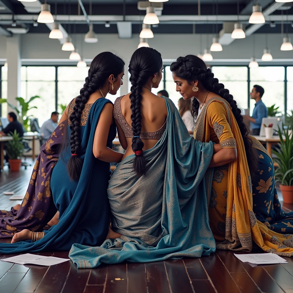 At office Conrow braided hair indian ladies crawling on top,Generate Stricly as per the image prompt and the seed,