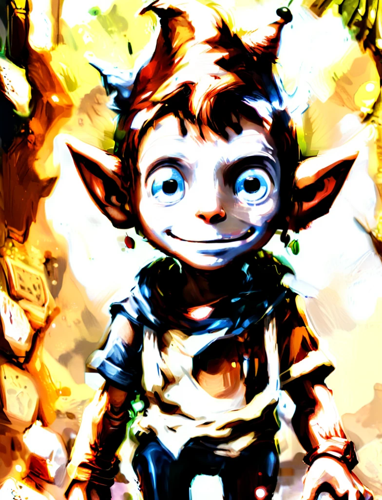 DonMT33thXL, male brownie, small humanoid creature, wrinkled or aged appearance, brown earth toned clothing, pointed ears, friendly expression, small pointed hat, expressive eyes, curiosity, playfulness, slightly grotesque, helpful household tasks, domestic environments, wooded,checkout lines ,