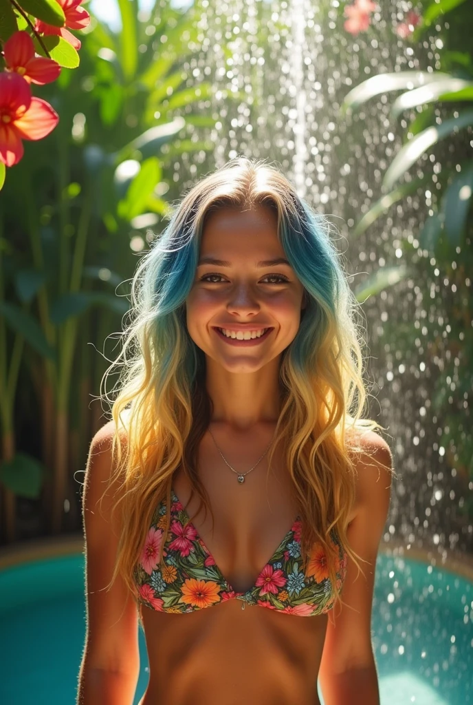 Beautiful 16years old girl, Smiling, with blond and bue hair taking a shower, high quality, full body
