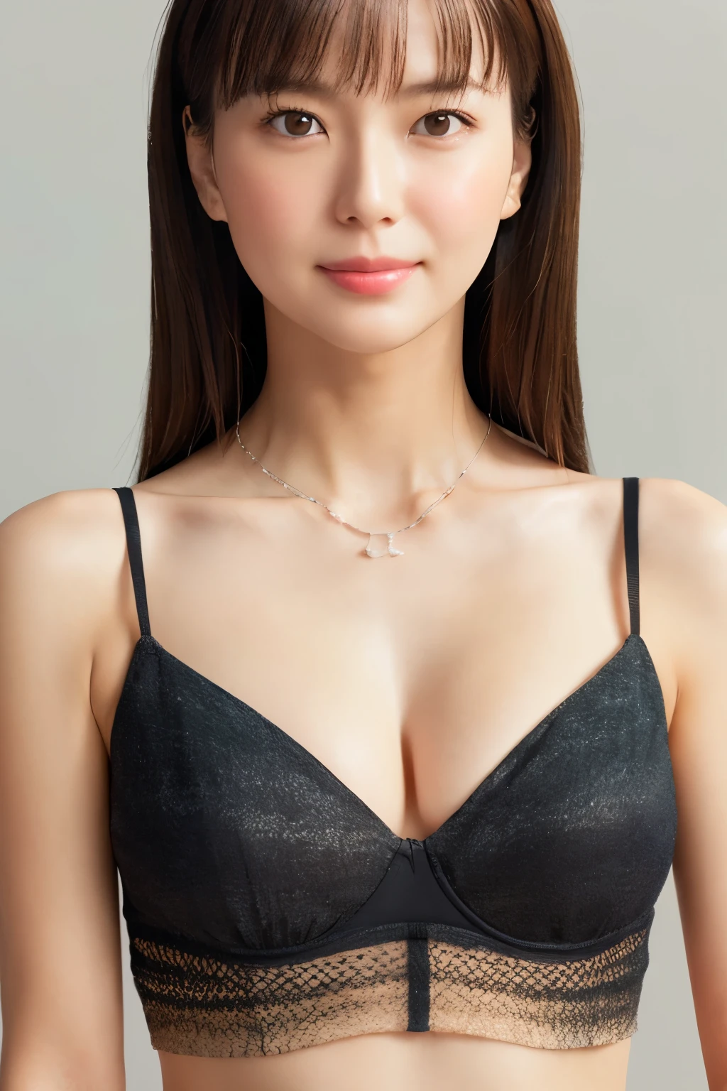 Skinny Japanese woman, Dressed, small head, cute face, detailed face, detailed eyes, (photographrealistic:1.4), (Hyper realistic:1.4), (Realistic:1.3), (Smoother lighting:1.05), (increase cinematic lighting quality:0.9), 32K, 1girl in, 30-years old, Realistic lighting, Backlighting, Light on Face, raytrace, (Brightening light:1.2), (Increase quality:1.4), (Top quality real texture skins:1.4), Black underwear, a necklace, Very thin waist, slender legs, (Increase body line mood:1.1), (Increase the beauty of skin texture:1.1)