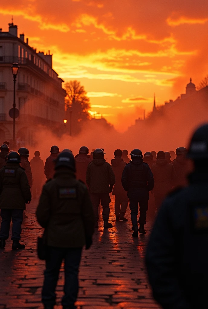 The Seine in Paris under a fiery sky with Algerian men and women being beaten by the police for their independence in the 1960s