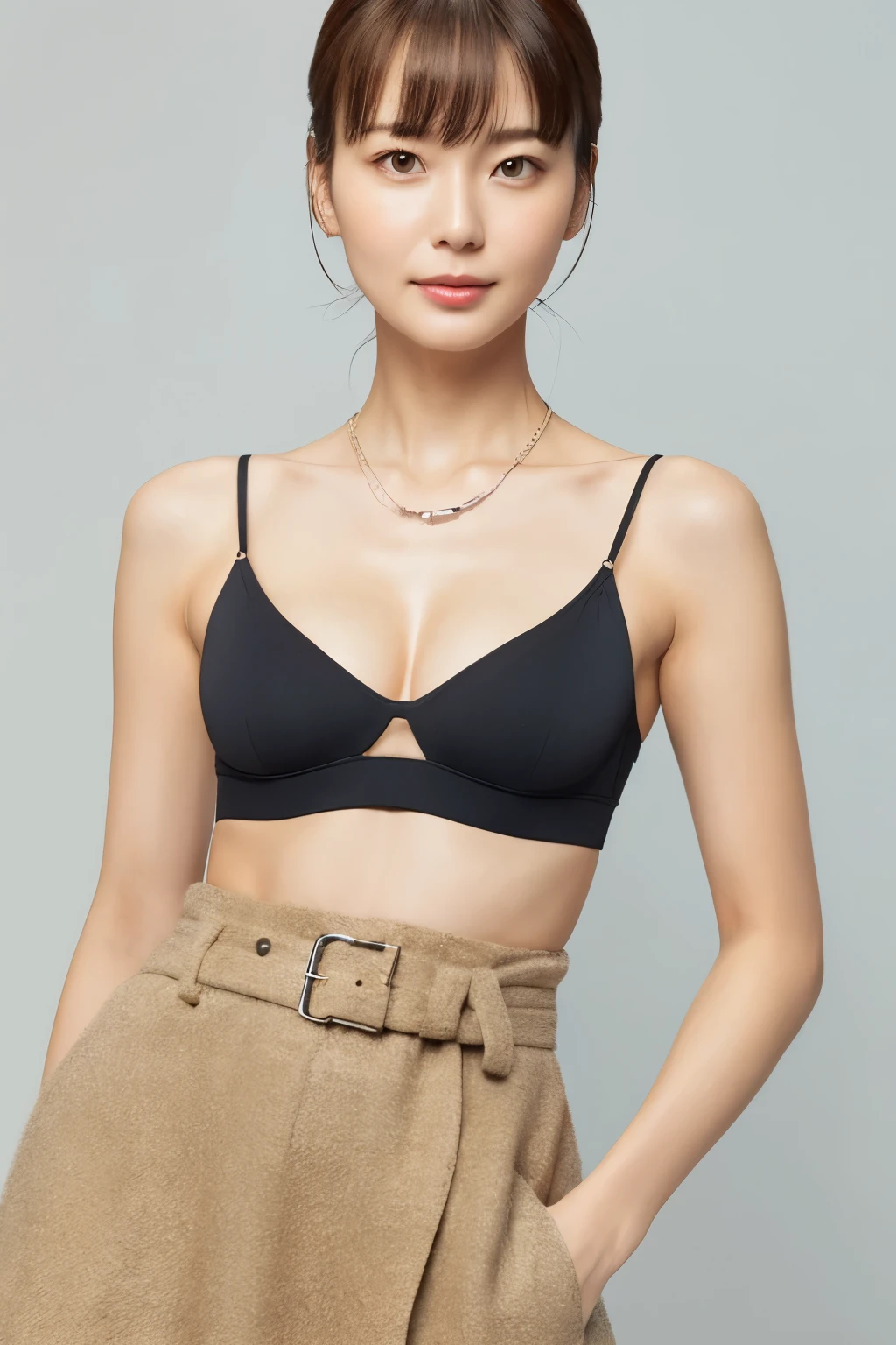 Skinny Japanese woman, Dressed, small head, cute face, detailed face, detailed eyes, (photographrealistic:1.4), (Hyper realistic:1.4), (Realistic:1.3), (Smoother lighting:1.05), (increase cinematic lighting quality:0.9), 32K, 1girl in, 30-years old, Realistic lighting, Backlighting, Light on Face, raytrace, (Brightening light:1.2), (Increase quality:1.4), (Top quality real texture skins:1.4), Black underwear, a necklace, Very thin waist, slender legs, (Increase body line mood:1.1), (Increase the beauty of skin texture:1.1)