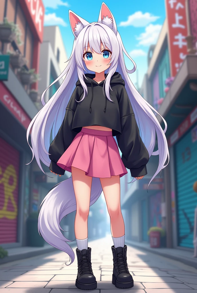 single girl, Anime Femboy, short, long white hair, wolf ears, wolf tail, blue eyes, with cute pink skirt, thigh high socks, Black combat boots, flat chest, super flat chest, Alone femboy, Alone una mujer ((flat chest)), Wide hips, thick thighs, happy, crotch lump (crotch lump), yoga leggings, wearing cropped black hoodie, Alone, alone