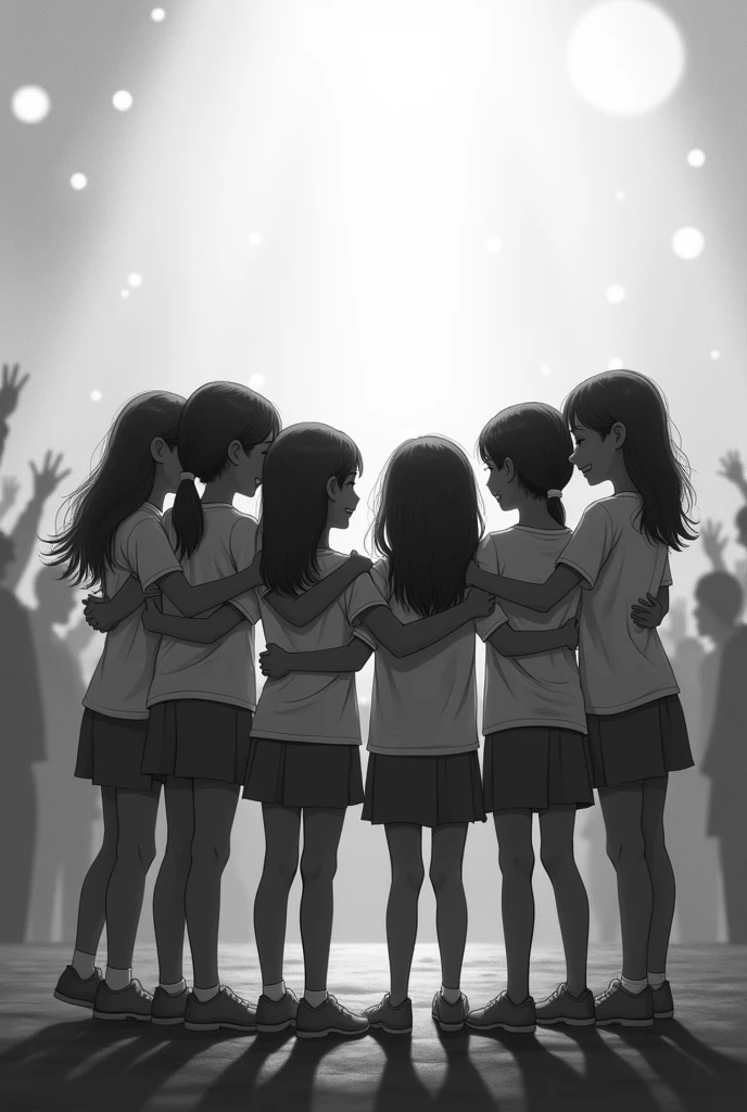 Six girls reconciling and winning a prize, in black and white without faces