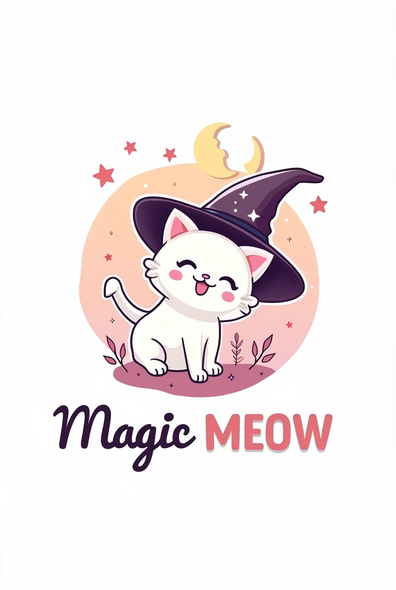 Logo for an online accessories store, With the name, Magic MEOW, with cute theme, animated with outline, and that the white kitten has a witch's hat