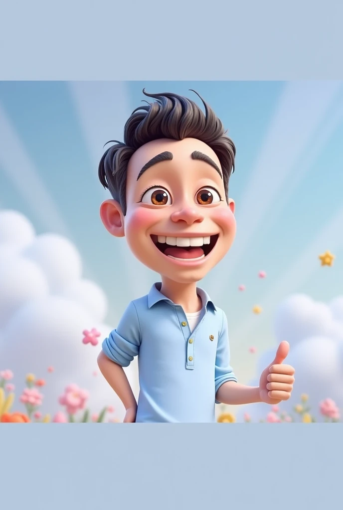 Cartoon character of a man blue shirt, an animated character, stylized character, animation style rendering, 3d stylized, smiling and making a nice hand sign