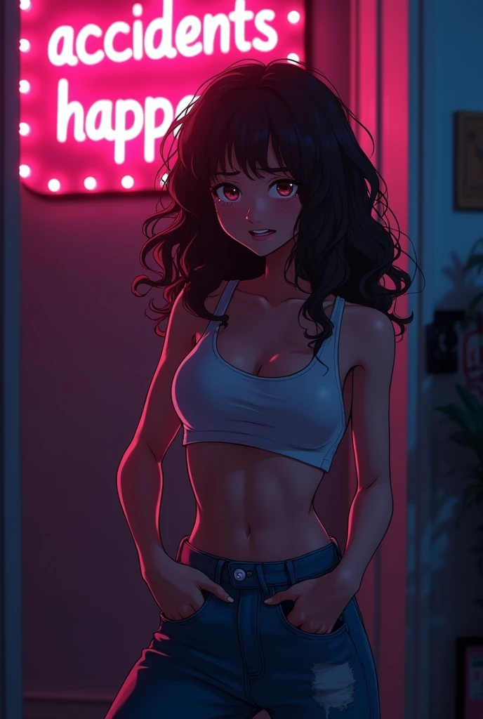 cute anime character girl, hot sister, sticking tongue out, showing peace sign, messy wavy long hair, brown skin, heart-shaped pupils, choker with heart pendant, high heels, wearing loose baggy hip-hop fashion, attractive and seductive face, make-up, superlative body proportion, indoors, heart effects, 2.5D, delicate and dynamic, graphic CG digital art