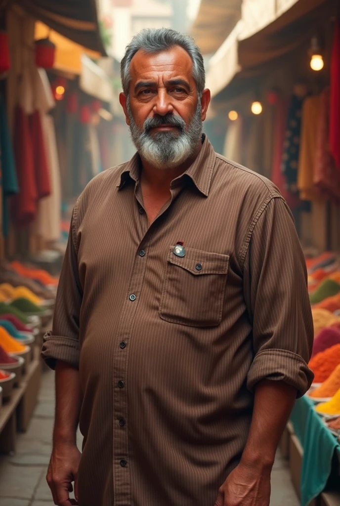 middle aged man looking like a stereotypical Arab having fine facial hair standing straight wearing a brown striped shirt