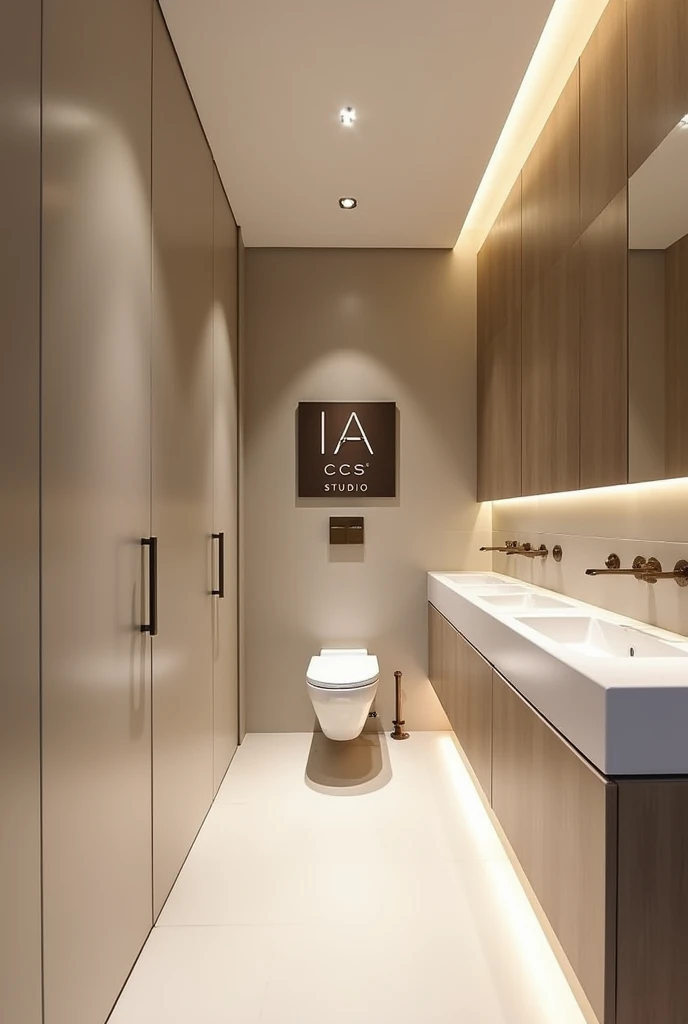A stylishly designed office restroom with a sign that reads "IA CCS STUDIO", with a minimalist style. The focus is on cleanliness and simplicity of the space. This description is for a photograph that captures the sleek, modern aesthetic of the bathroom.. The image shows the flawless surfaces, elegant lines, and thoughtful design elements that elevate the mundane space into a sophisticated oasis. Lighting highlights every detail, creating a sense of elegance and refinement that sets it apart from typical office bathrooms.
