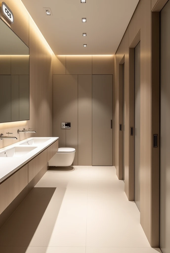 A stylishly designed office restroom with a sign that reads "IA CCS STUDIO", with a minimalist style. The focus is on cleanliness and simplicity of the space. This description is for a photograph that captures the sleek, modern aesthetic of the bathroom.. The image shows the flawless surfaces, elegant lines, and thoughtful design elements that elevate the mundane space into a sophisticated oasis. Lighting highlights every detail, creating a sense of elegance and refinement that sets it apart from typical office bathrooms.