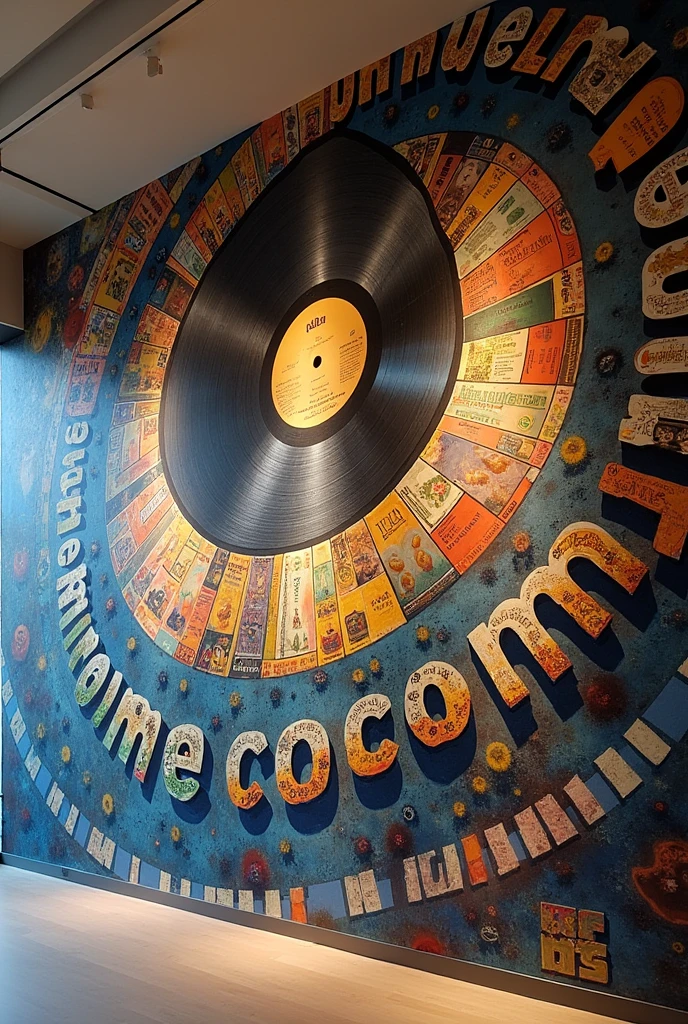 Generate an idea for a mural with the following aspects:
Records Composite view Hierarchy with scale And a welcome text for a museum