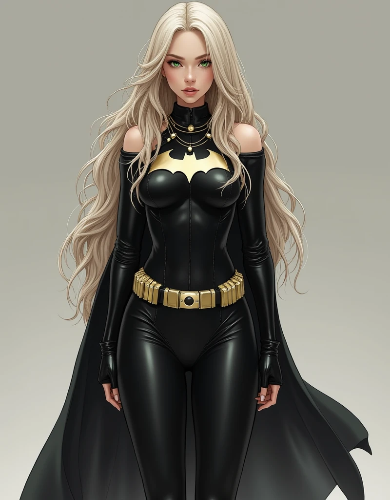 1 girl in, 20 years, standing alone, long hair, Colossal , looking forward at the viewer, blonde hair, blonde hair, bare shoulders, green eyes, Jewelry, whole body, NECKLACE, off the shoulders, Sweaters, realistic, sexual, big tits,batgirl superheroes full outfit, Black and white