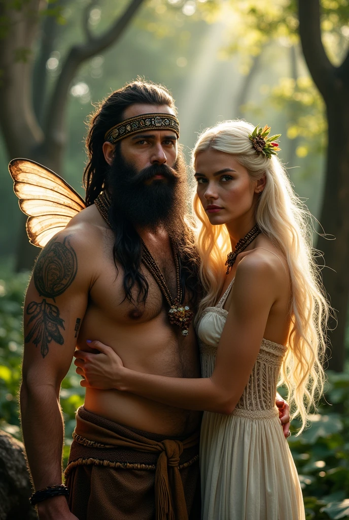 Sacred rebels, an extremely attractive couple. Dark bearded man, a shaman. Blonde fairie-like extremely beautiful woman. Side by side, facing the camera.