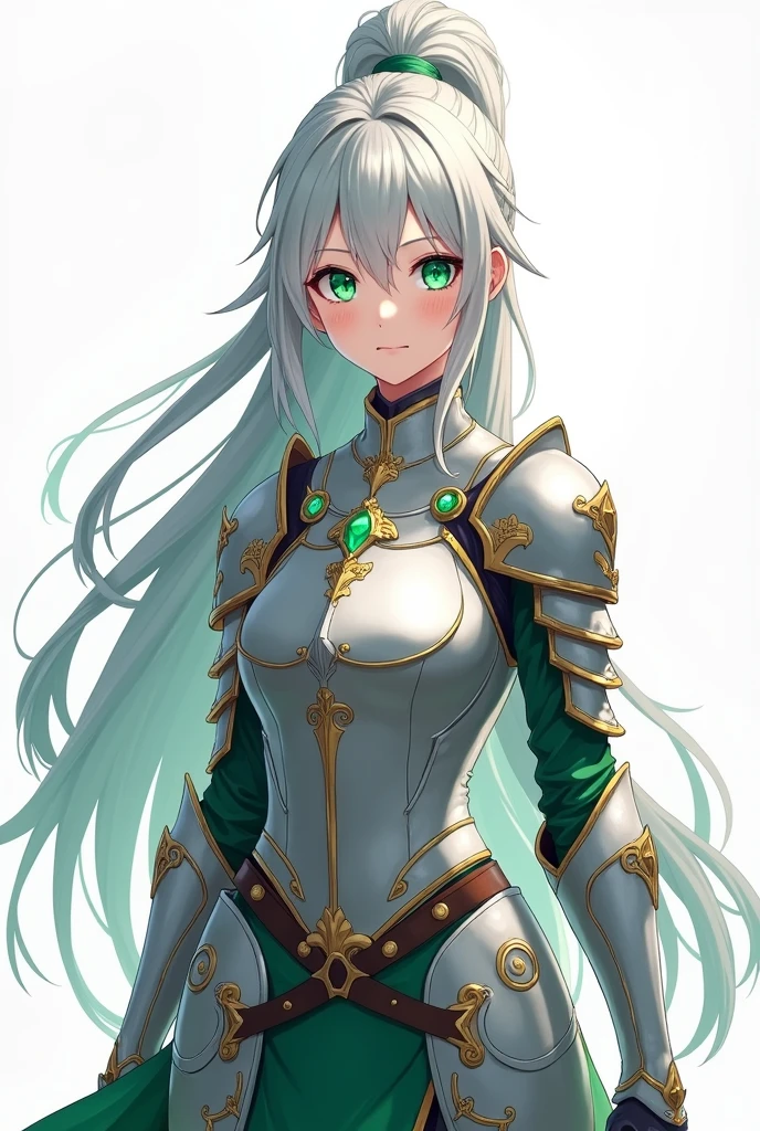 (8k,Highest quality,Anime Style)silver-haired female knight,Green emerald eyes,High Ponytail,Wearing armor,Delicate facial features,It resembles an anime character's design,The whole body is visible,Pure white background,Character Design,Secondary elements,Include a small introduction,Three Views of Man