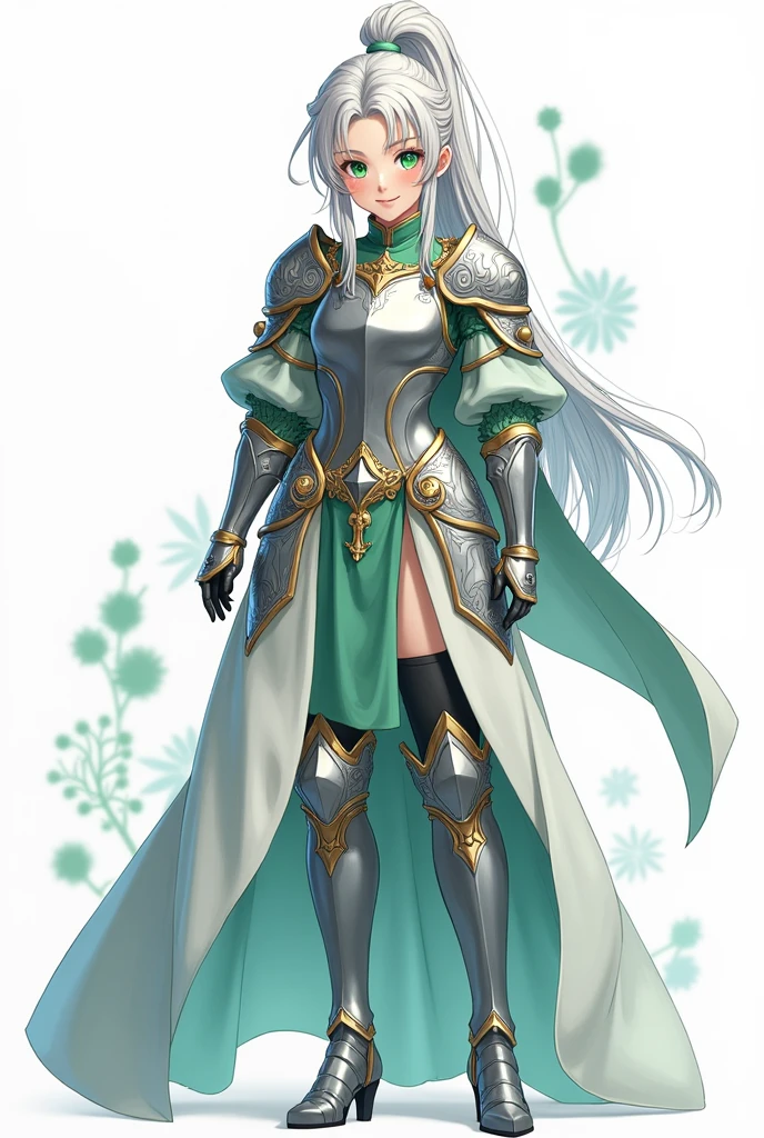 （8k，Highest quality，Anime Style）silver-haired female knight，Green emerald eyes，High Ponytail，Wearing armor，Delicate facial features，It resembles an anime character&#39;s design，The whole body is visible，Pure white background，Character Design，Secondary elements，Include a small introduction，Three Views of Man