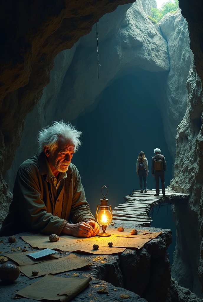 an old scientist in a cave looking ahead at another closed cave and a collapsed wooden bridge on the edge of a cliff . And on the other side you can see two scientists, two adults, a man and a woman.