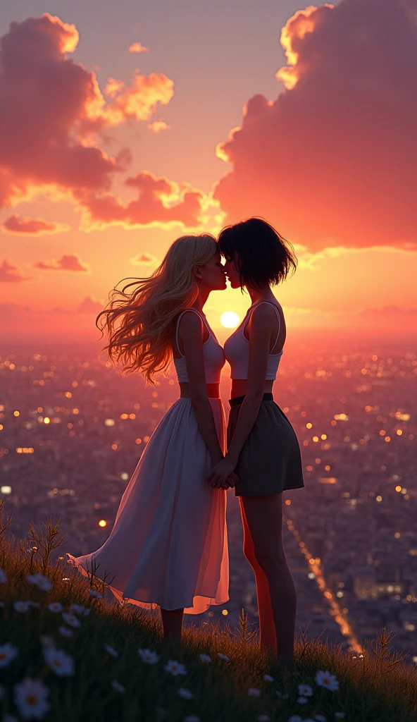 Graphics CG Digital Art, Two young women kissing, a woman with long blonde hair and a woman with short black hair, On a hill overlooking the city, sunset